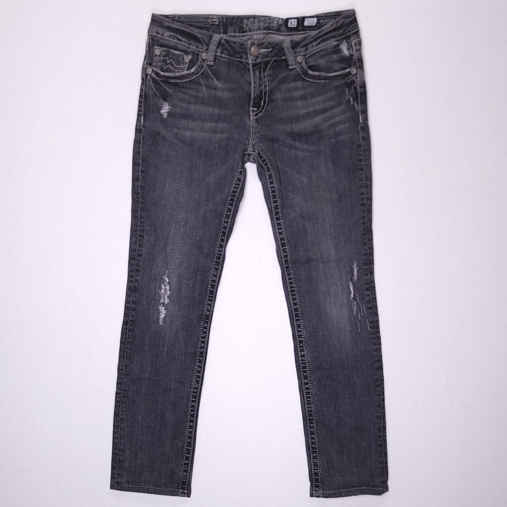 Miss Me Jeans Sunny Skinny Gray Distressed Denim Women Size 31